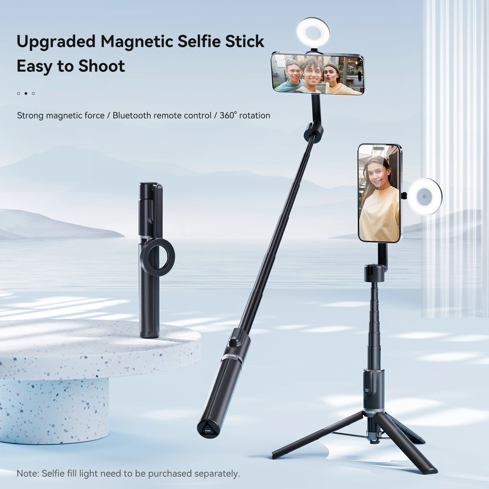 TELESIN Magnetic Selfie Stick Tripod with Remote Magsafe Cellphone Stand for iPhone 14 13 12 Pro Max Vertical Shooting